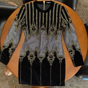 Balmain Black and Gold Long Sleeve Dress